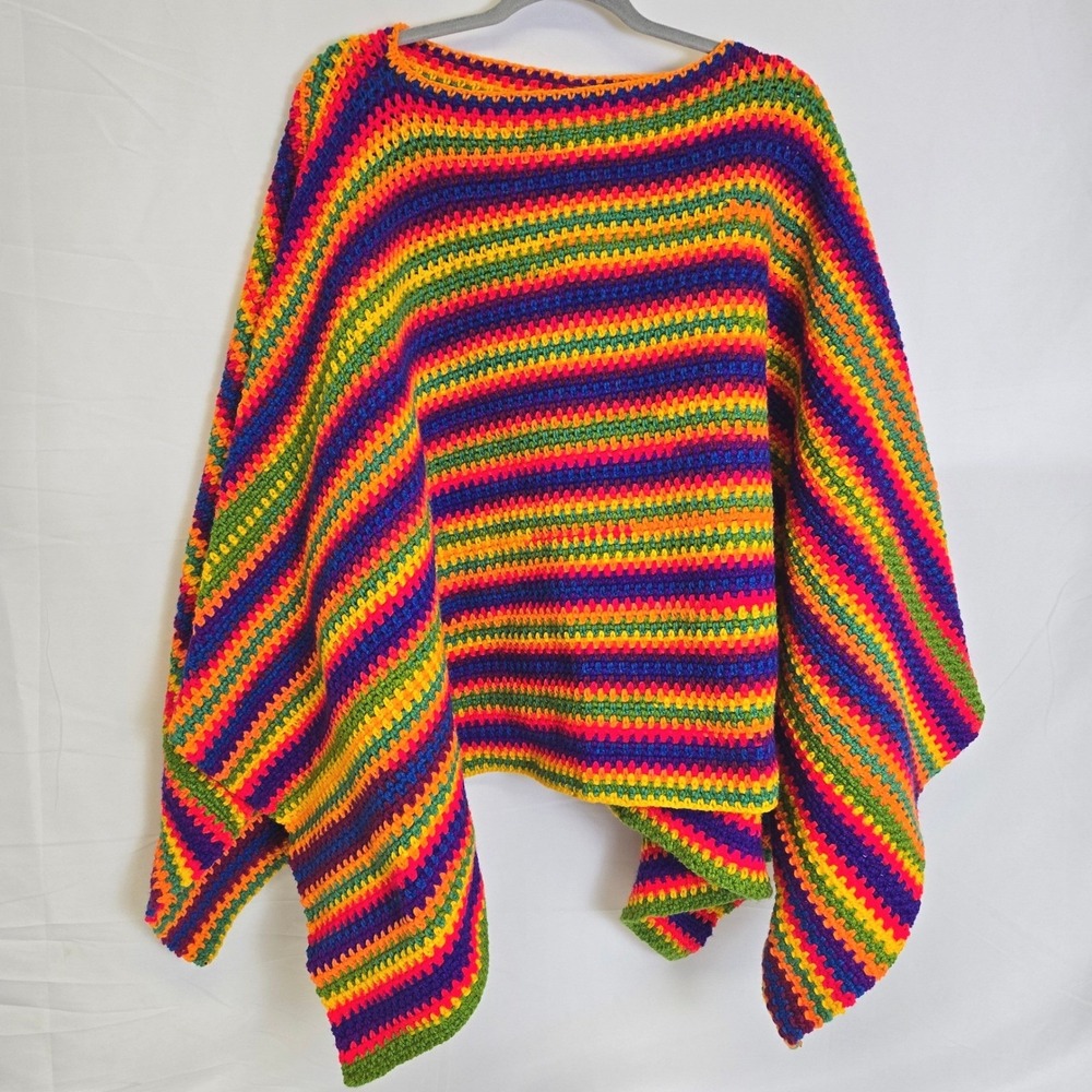 Handmade Rainbow Striped Crochet Poncho, Boho Festival Pride,‎ 23.5" x 56"
